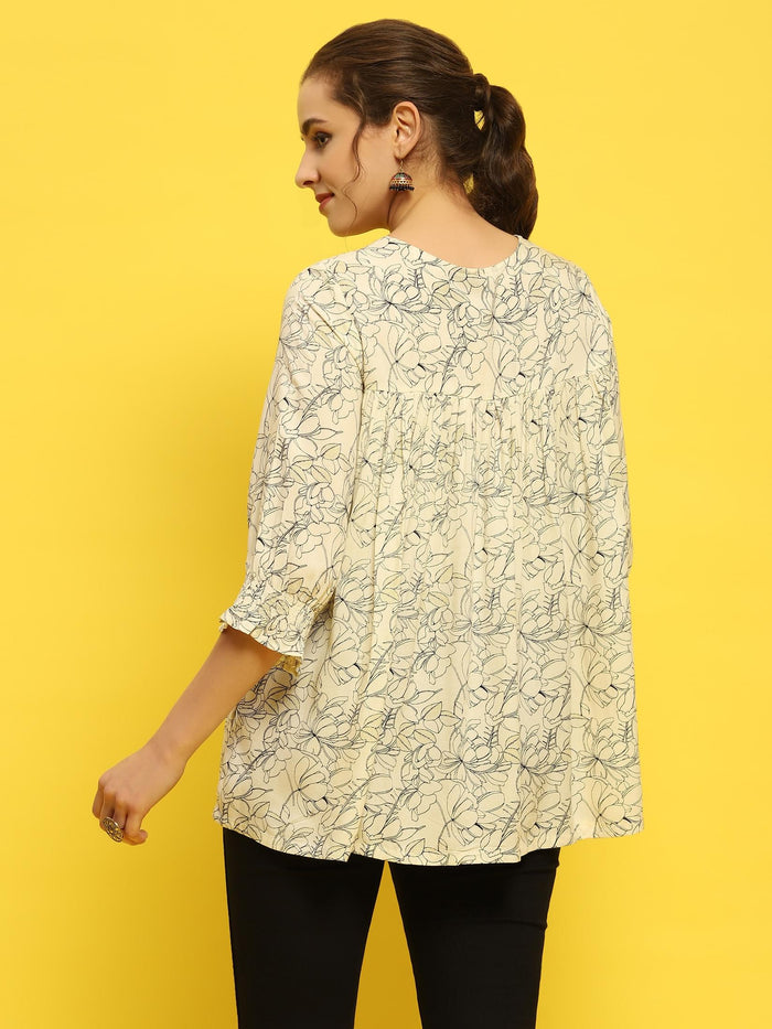 Women Liva Rayon Off White Floral Print Tunic.