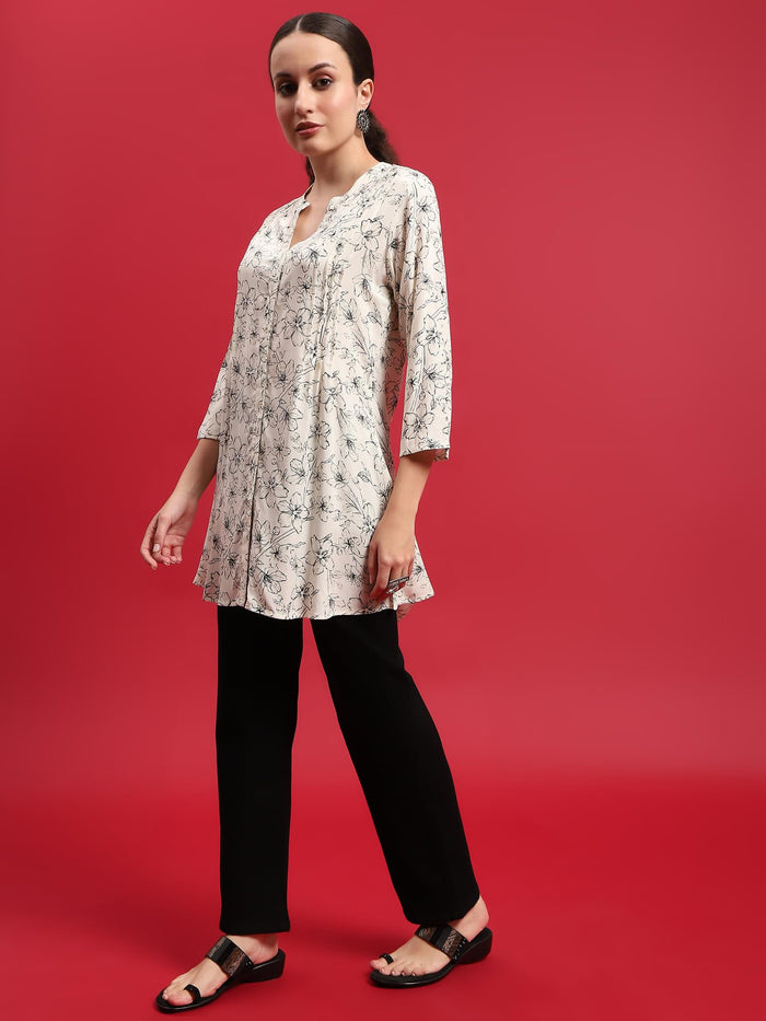 Women Liva (Rayon) Off White Floral Print Tunic.