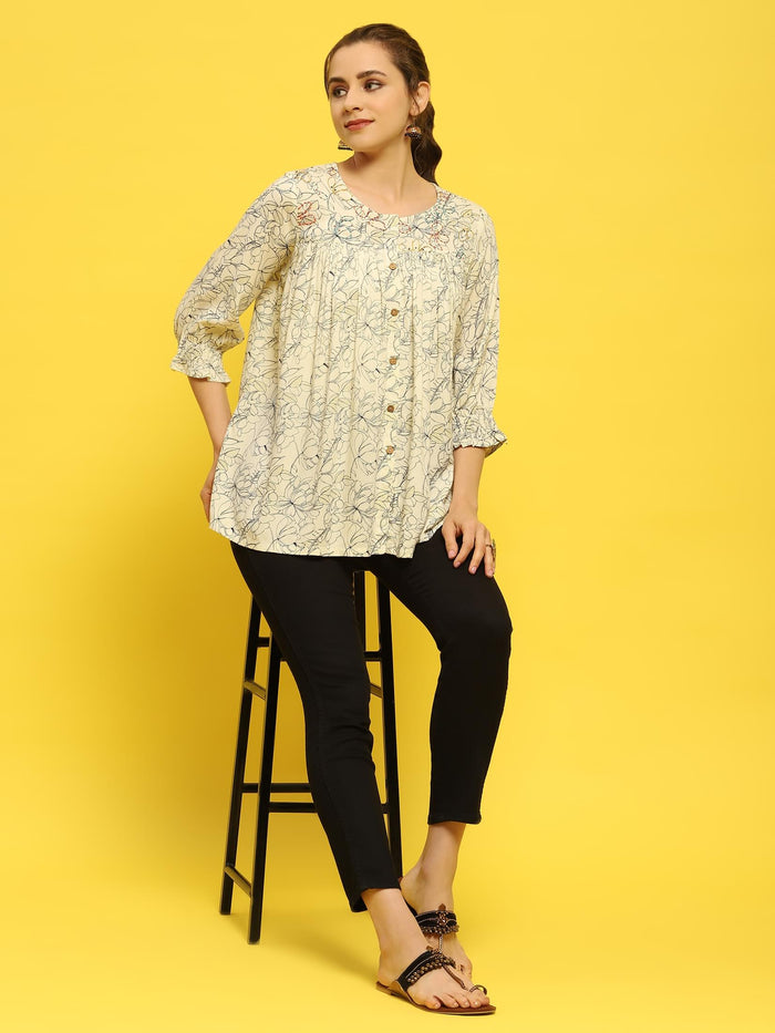 Women Liva Rayon Off White Floral Print Tunic.