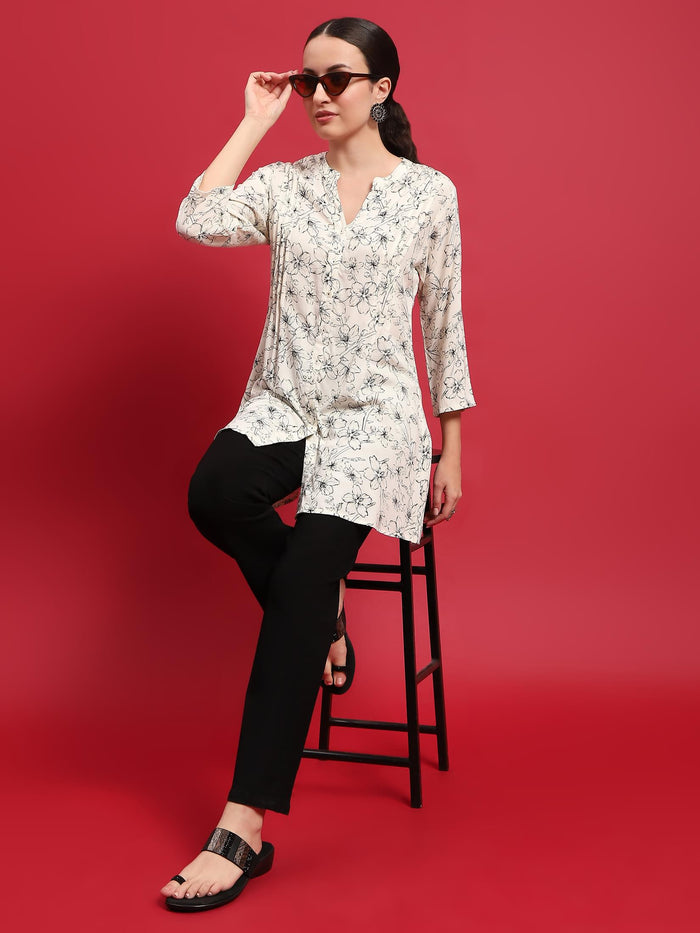 Women Liva (Rayon) Off White Floral Print Tunic.