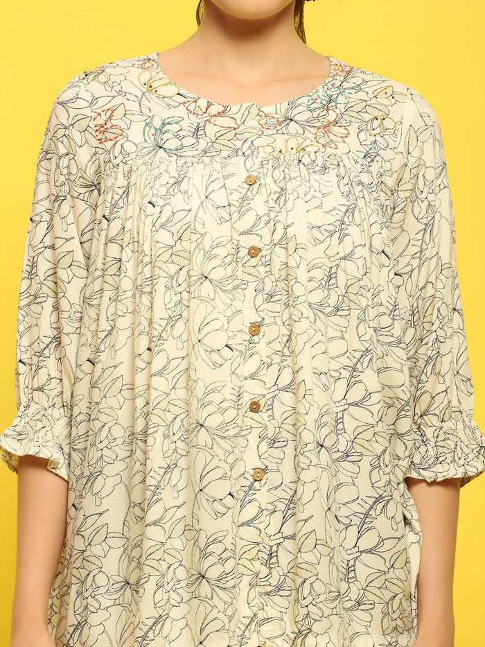 Women Liva Rayon Off White Floral Print Tunic.