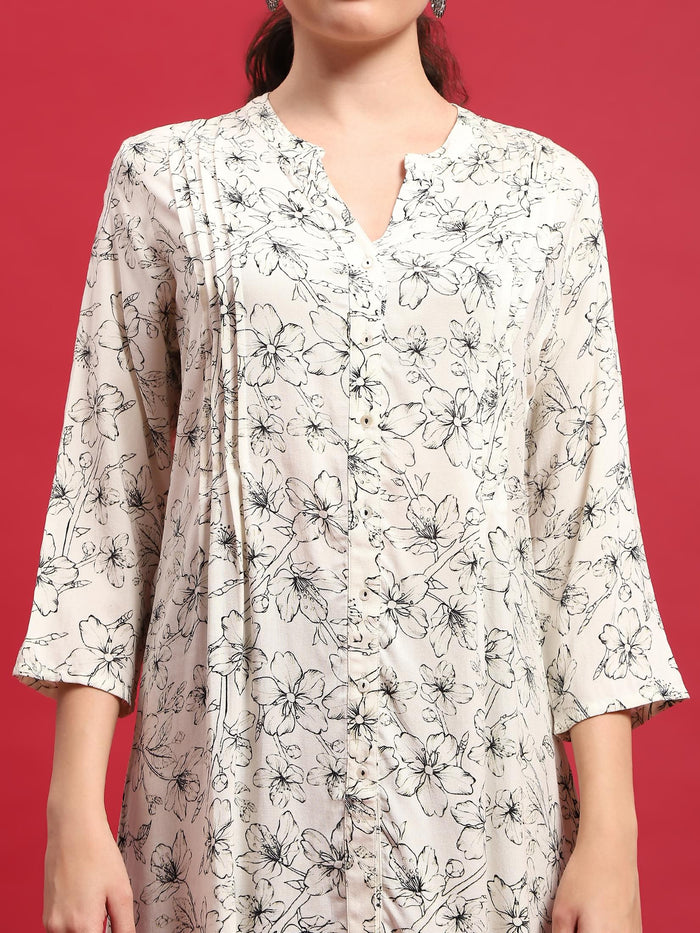 Women Liva (Rayon) Off White Floral Print Tunic.