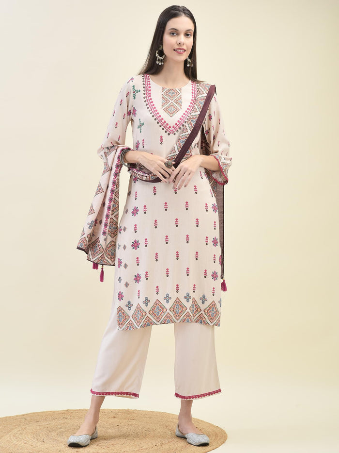 Women Liva Rayon Off White Ikat Print Kurta Comfort Pant Dupatta.