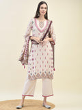Women Liva Rayon Off White Ikat Print Kurta Comfort Pant Dupatta.