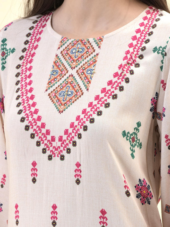 Women Liva Rayon Off White Ikat Print Kurta Comfort Pant Dupatta.