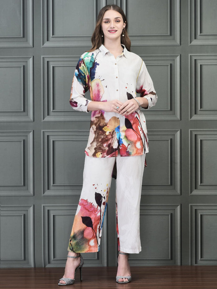 Women Liva (Rayon) Off White Printed Co-Ord Set.