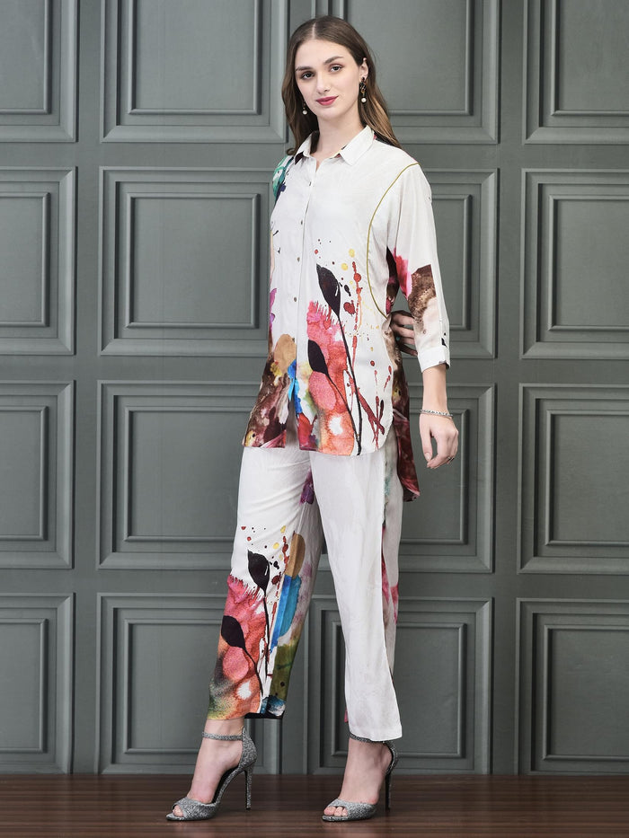 Women Liva (Rayon) Off White Printed Co-Ord Set.