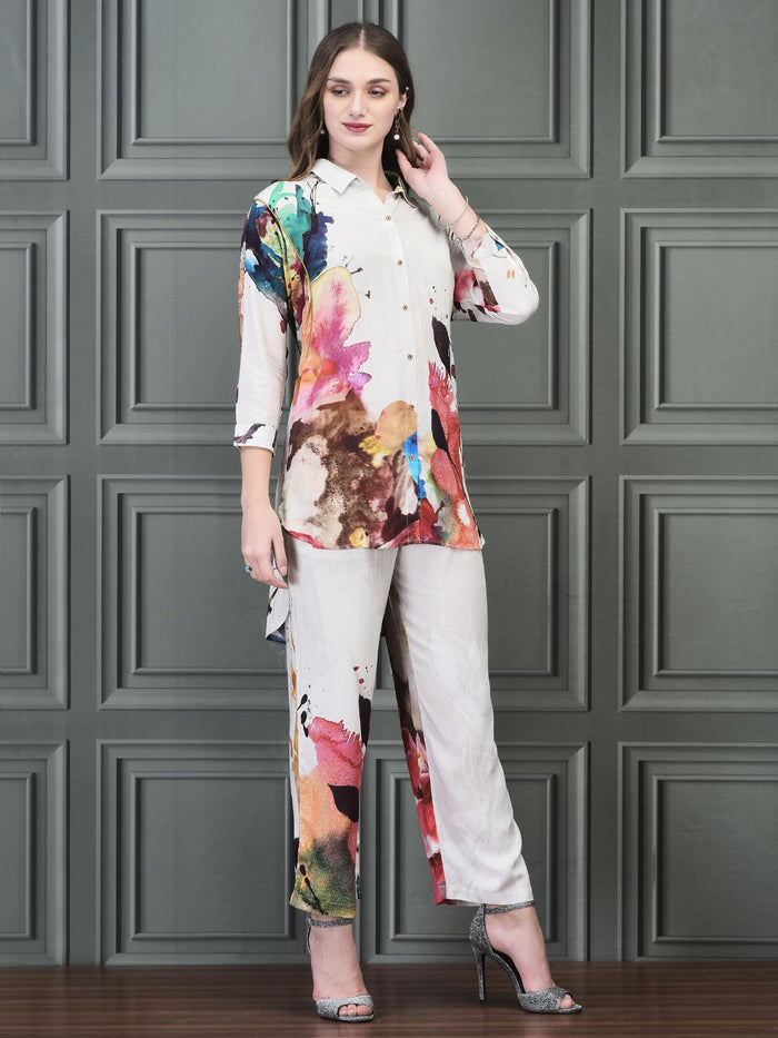 Women Liva (Rayon) Off White Printed Co-Ord Set.