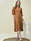 Women Liva Rayon Olive Bandhani Print Dress.