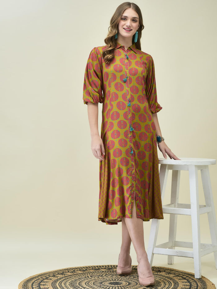 Women Liva Rayon Olive Bandhani Print Dress.