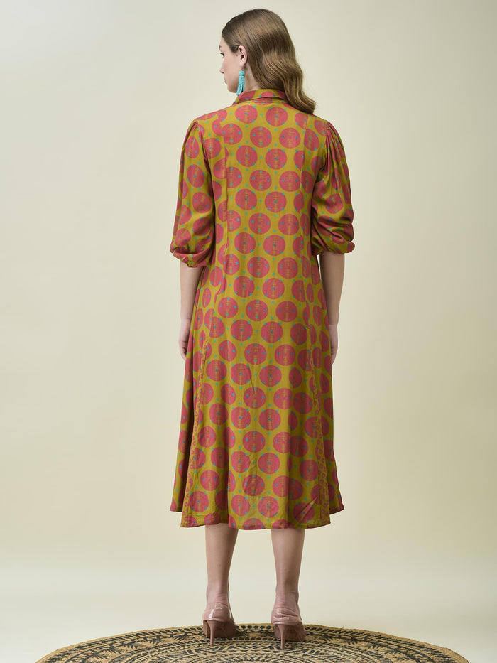 Women Liva Rayon Olive Bandhani Print Dress.