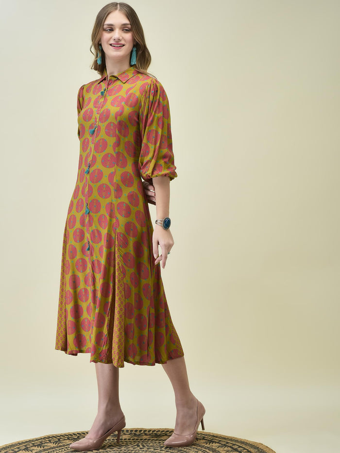 Women Liva Rayon Olive Bandhani Print Dress.