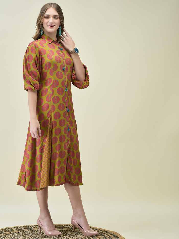 Women Liva Rayon Olive Bandhani Print Dress.