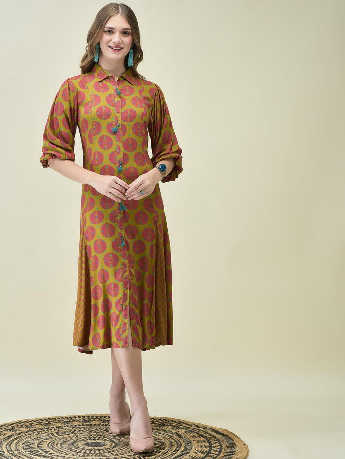 Women Liva Rayon Olive Bandhani Print Dress.