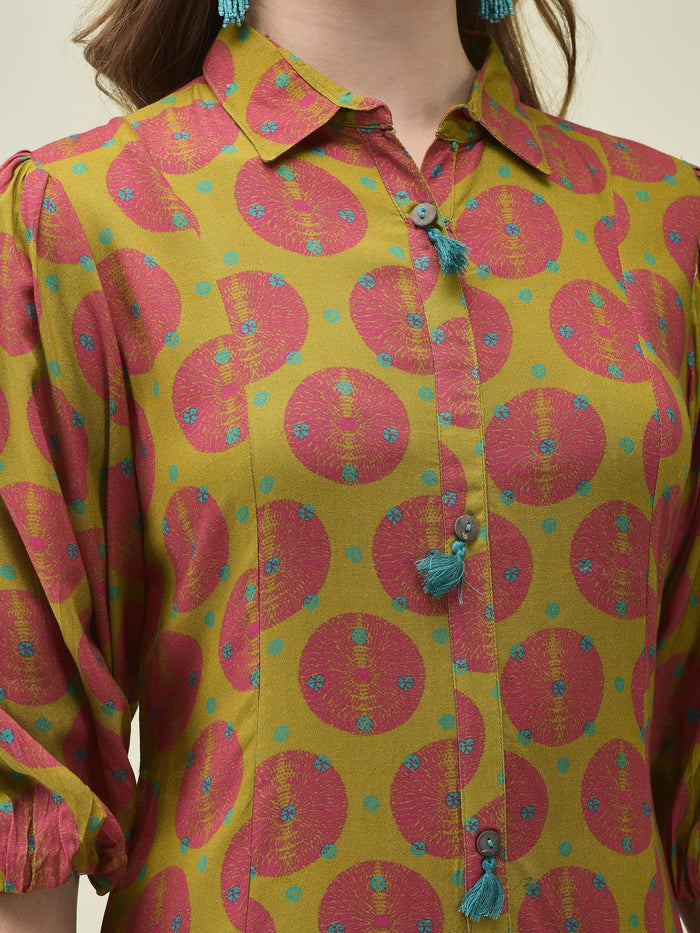 Women Liva Rayon Olive Bandhani Print Dress.