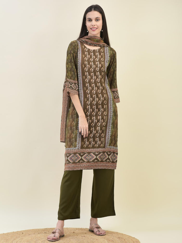 Women Liva Rayon Olive Floral Print Kurta Comfort Pant Dupatta.