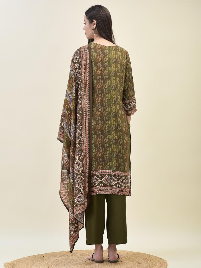 Women Liva Rayon Olive Floral Print Kurta Comfort Pant Dupatta.