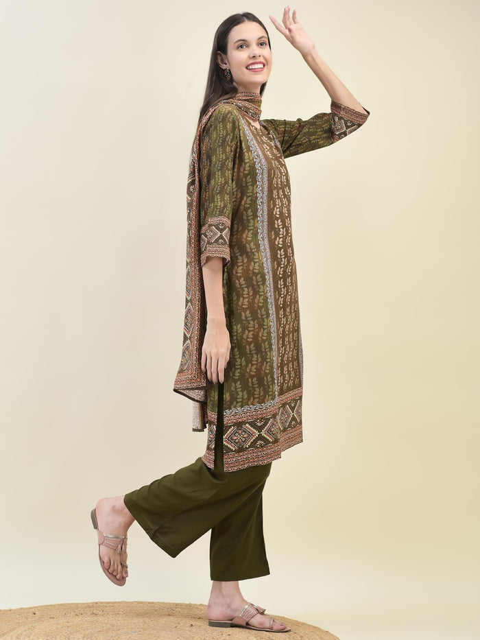 Women Liva Rayon Olive Floral Print Kurta Comfort Pant Dupatta.