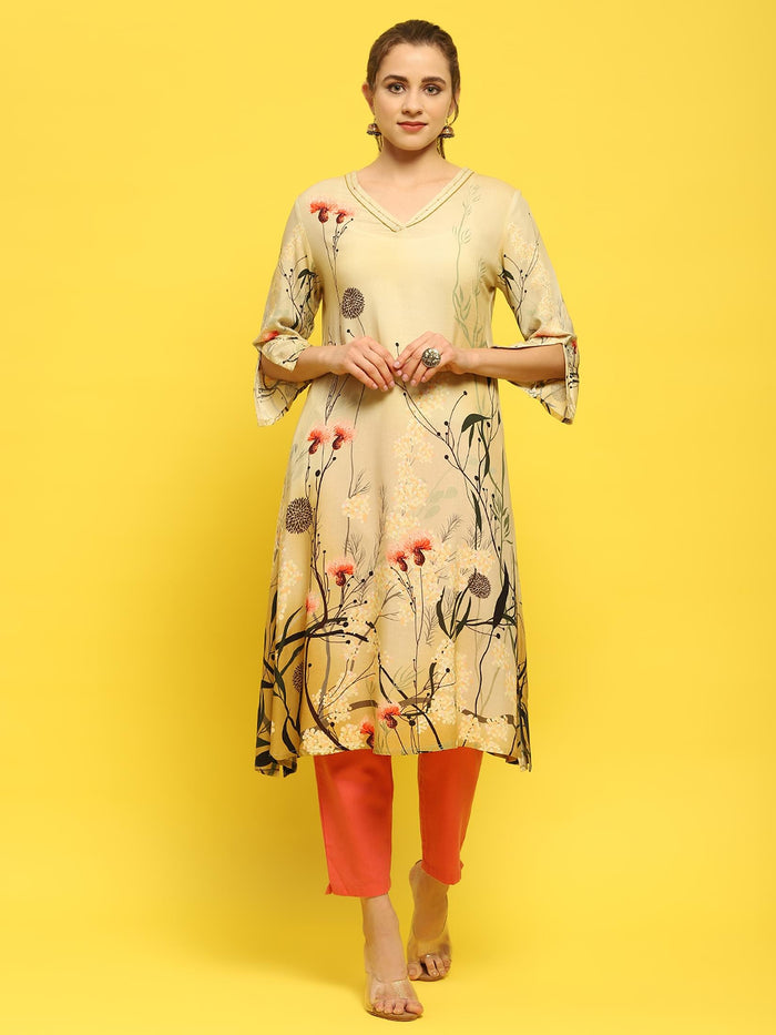 Women Liva Rayon Olive Floral Print Kurta.