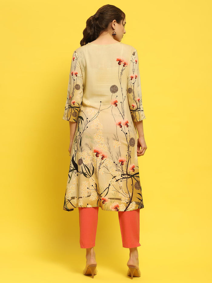 Women Liva Rayon Olive Floral Print Kurta.