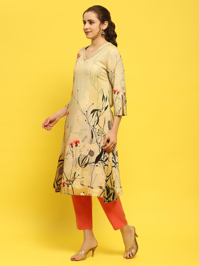 Women Liva Rayon Olive Floral Print Kurta.