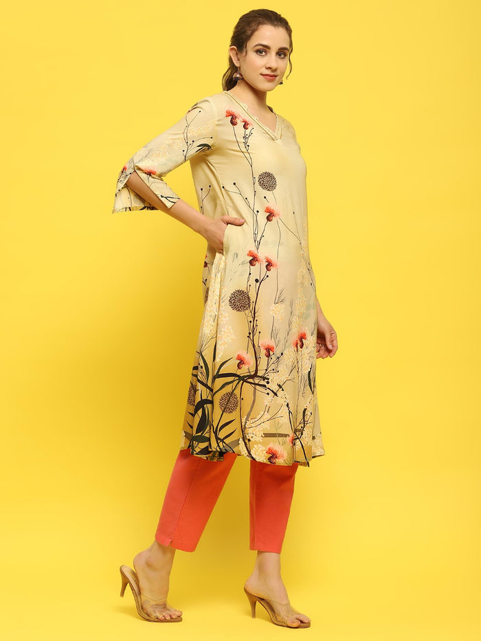 Women Liva Rayon Olive Floral Print Kurta.