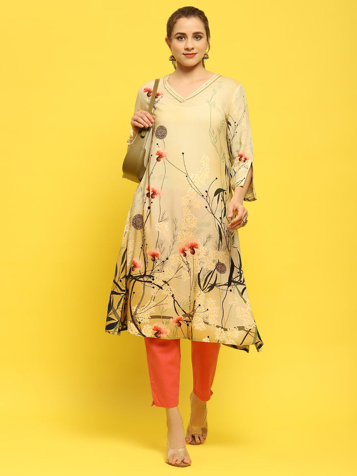 Women Liva Rayon Olive Floral Print Kurta.