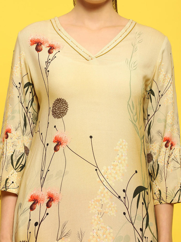 Women Liva Rayon Olive Floral Print Kurta.