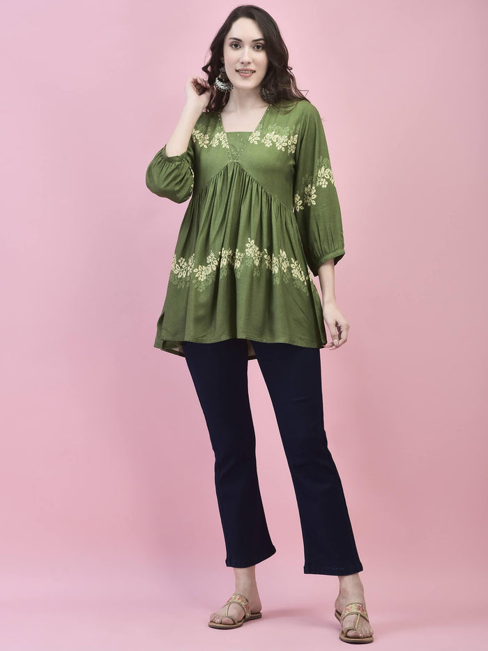 Women Liva Rayon Olive Floral Print Tunic.
