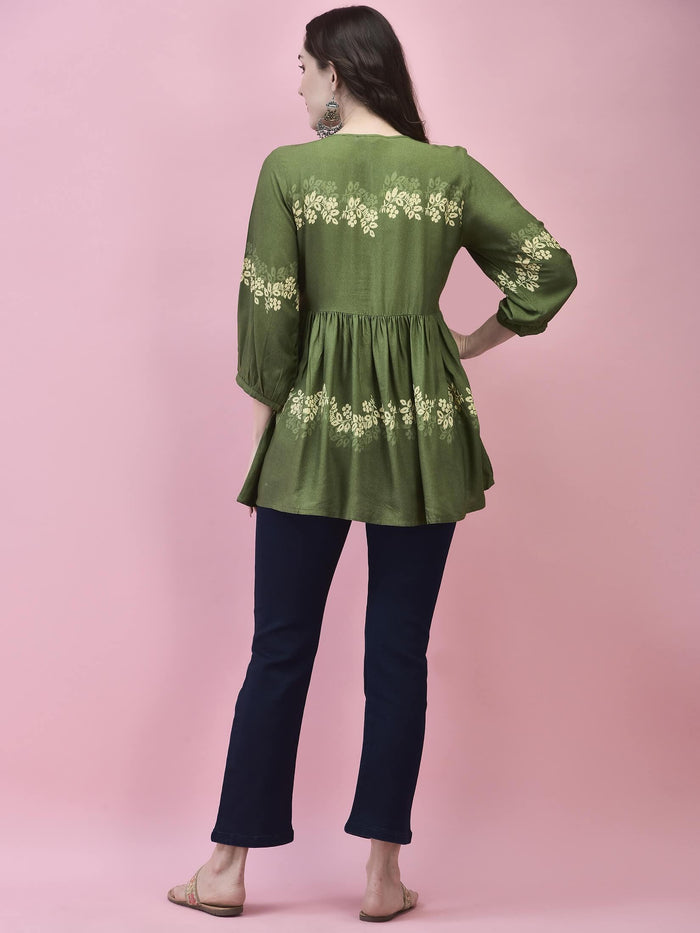 Women Liva Rayon Olive Floral Print Tunic.