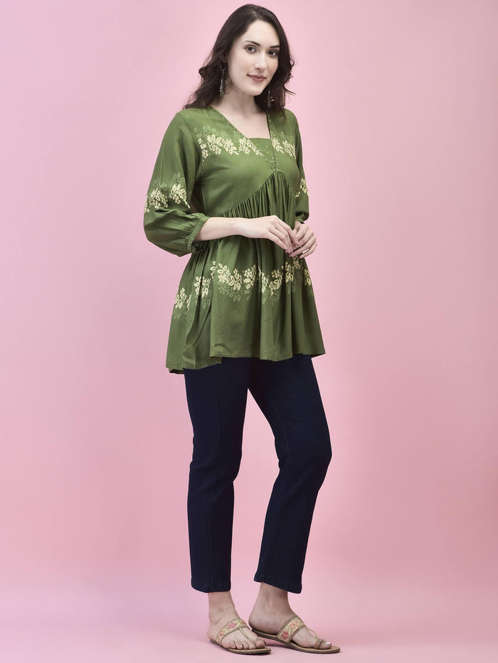 Women Liva Rayon Olive Floral Print Tunic.