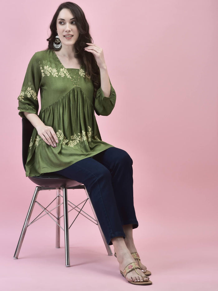 Women Liva Rayon Olive Floral Print Tunic.