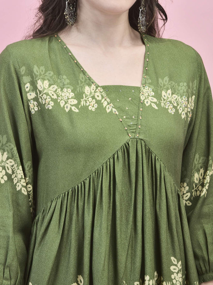 Women Liva Rayon Olive Floral Print Tunic.