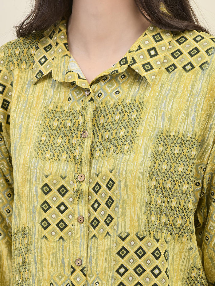 Women Liva Rayon Olive Geometric Print Co-Ord Set.