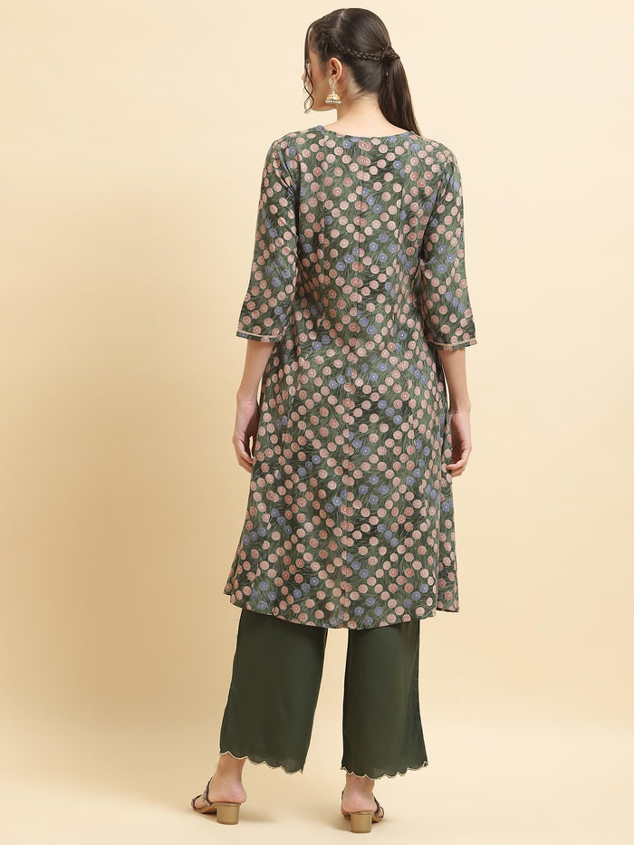 Women Liva Rayon Olive Geometric Print Kurta With Comfort Pant.