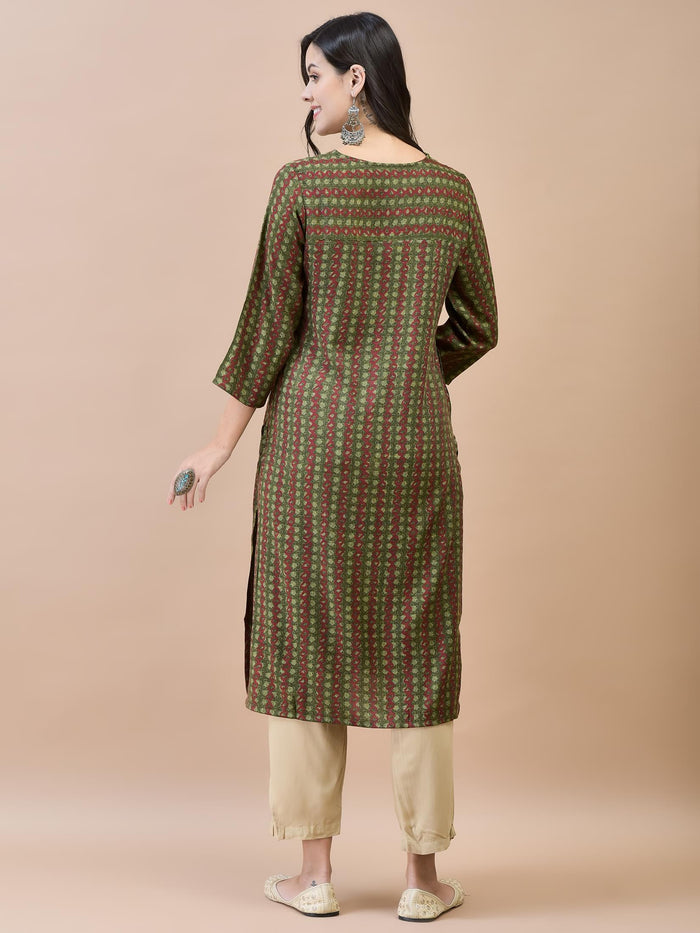 Women Liva Rayon Olive Geometric Print Kurta.