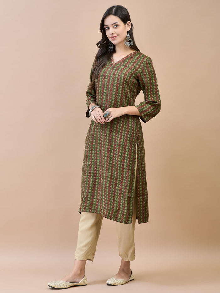 Women Liva Rayon Olive Geometric Print Kurta.