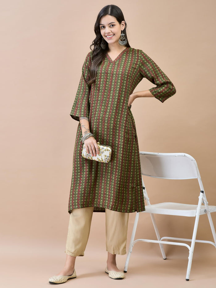 Women Liva Rayon Olive Geometric Print Kurta.