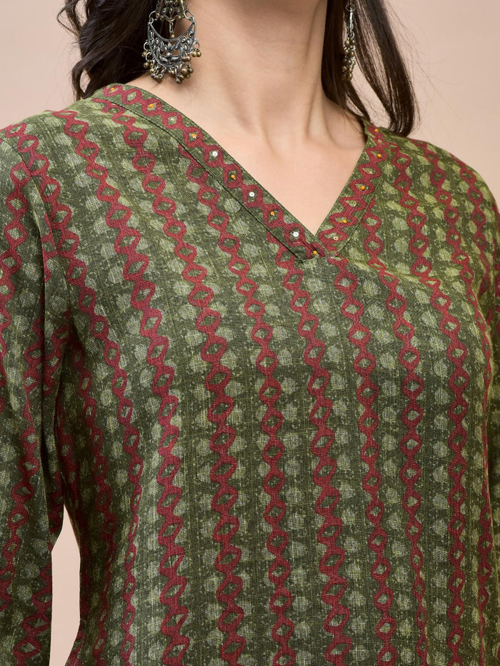 Women Liva Rayon Olive Geometric Print Kurta.