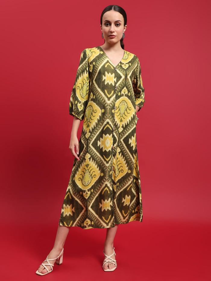 Women Liva Rayon Olive Ikat Print Dress.
