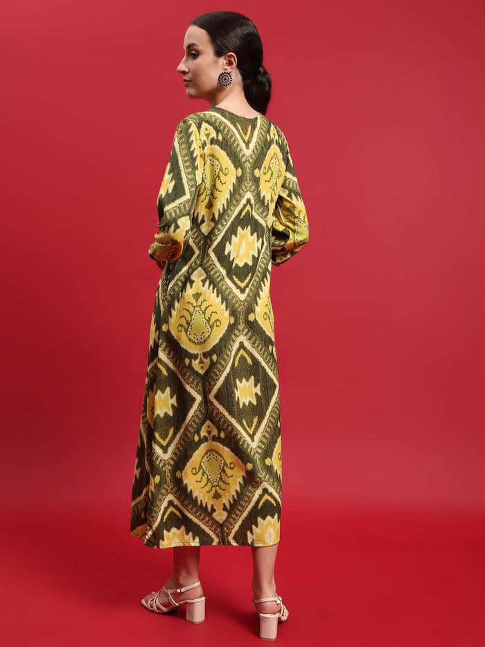 Women Liva Rayon Olive Ikat Print Dress.