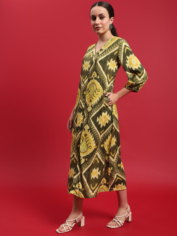 Women Liva Rayon Olive Ikat Print Dress.