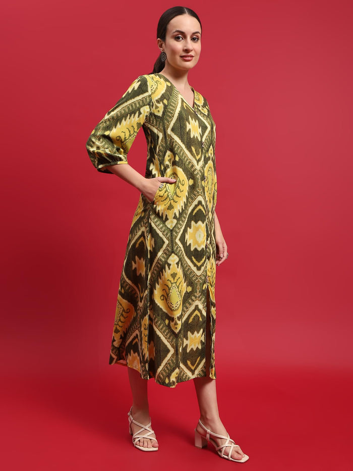 Women Liva Rayon Olive Ikat Print Dress.