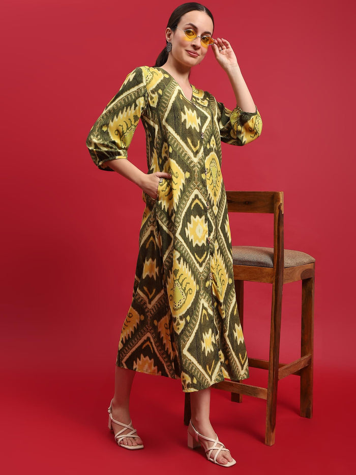 Women Liva Rayon Olive Ikat Print Dress.