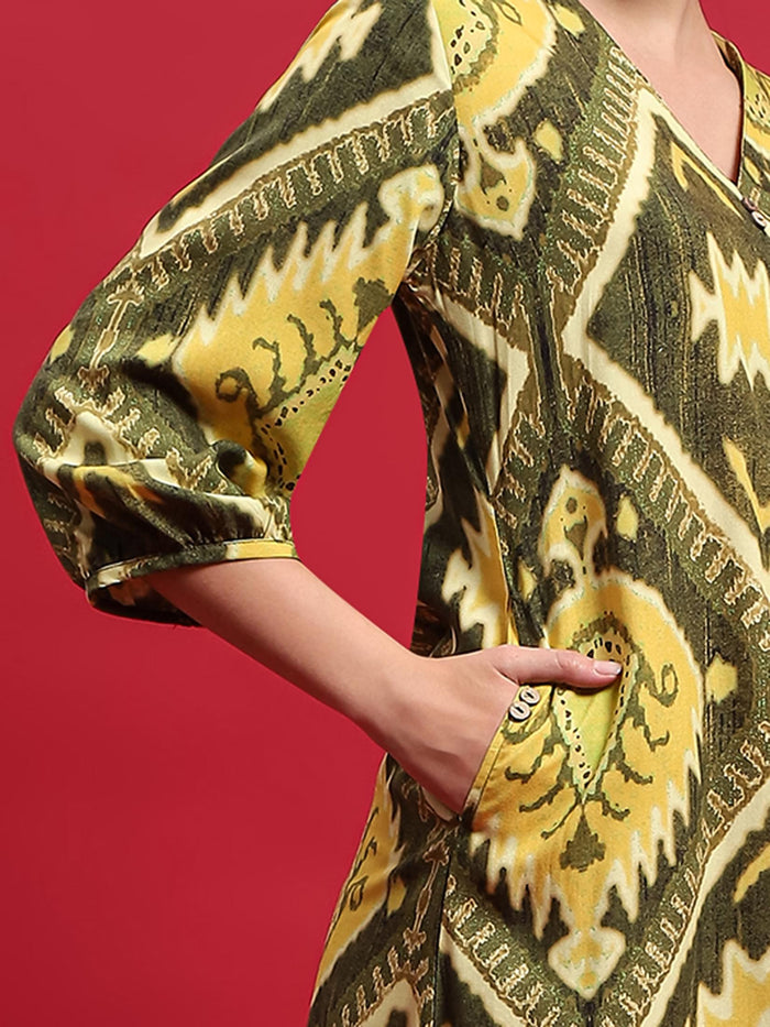 Women Liva Rayon Olive Ikat Print Dress.