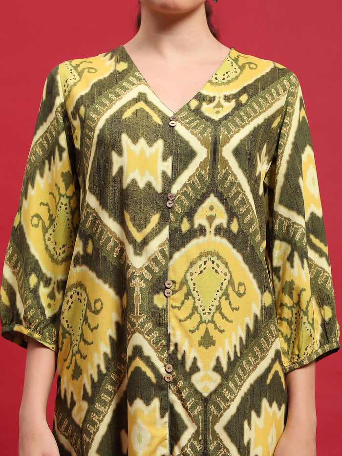 Women Liva Rayon Olive Ikat Print Dress.