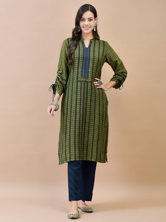 Women Liva Rayon Olive Printed Kurta.