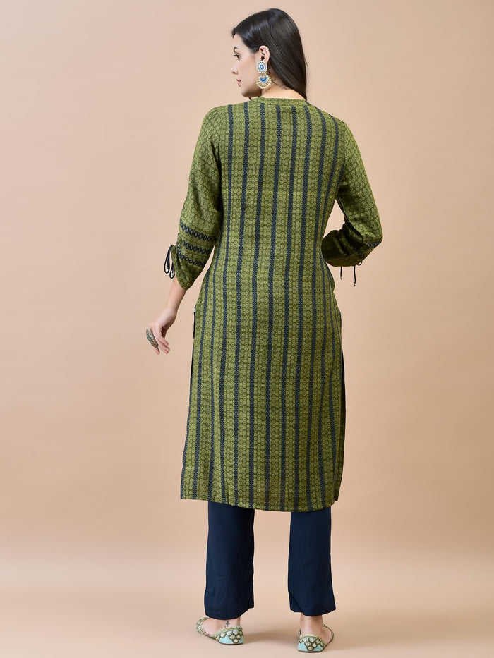 Women Liva Rayon Olive Printed Kurta.