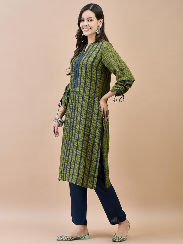 Women Liva Rayon Olive Printed Kurta.