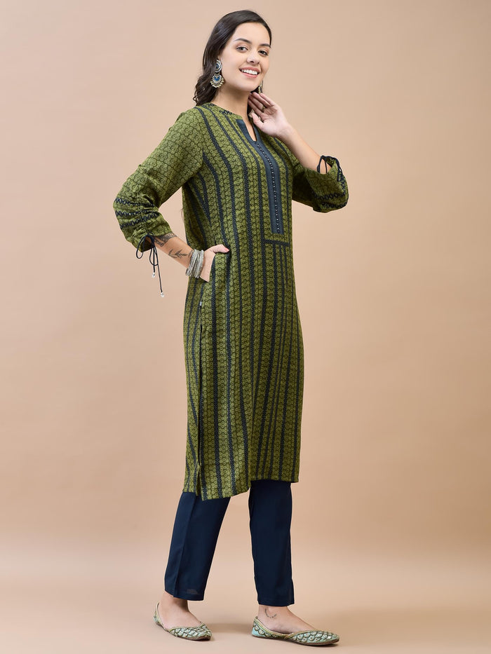 Women Liva Rayon Olive Printed Kurta.